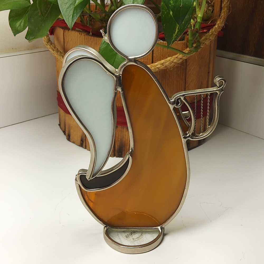 Sunray Stained Glass Angel Playing Harp Amber White Glass Sun Catcher Figurine